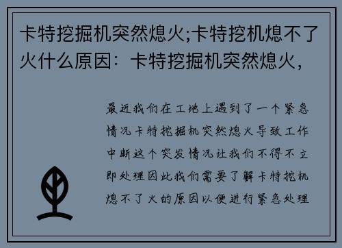 卡特挖掘机突然熄火;卡特挖机熄不了火什么原因：卡特挖掘机突然熄火，工地紧急处理